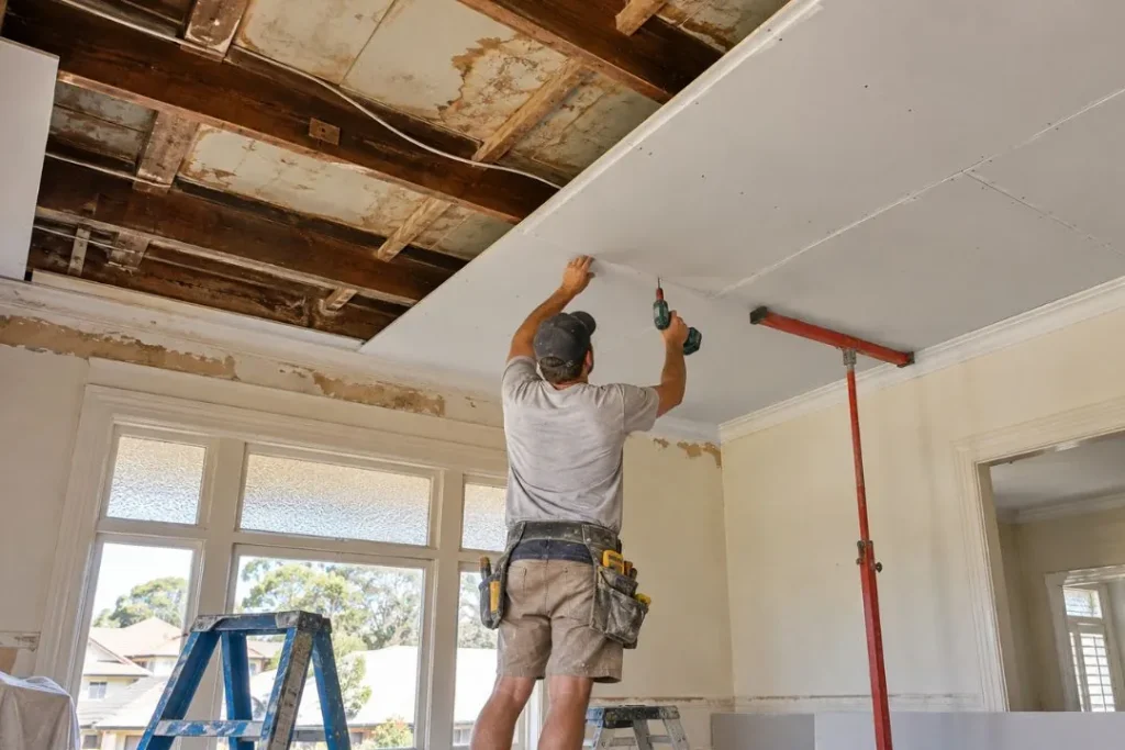 plasterer ongoing replacement of a sagging ceiling